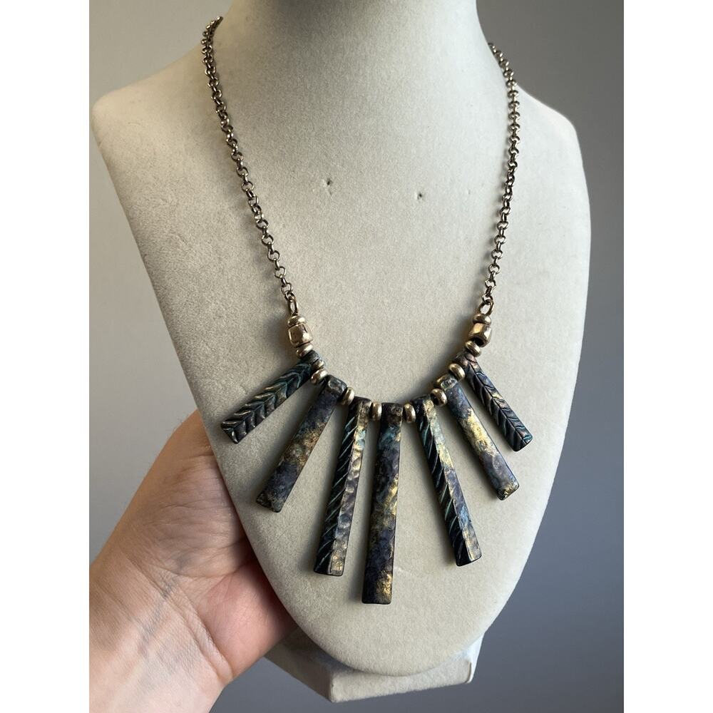 Vintage Antique Gold Blue Accent Bar Bib Statement Necklace 18-24”